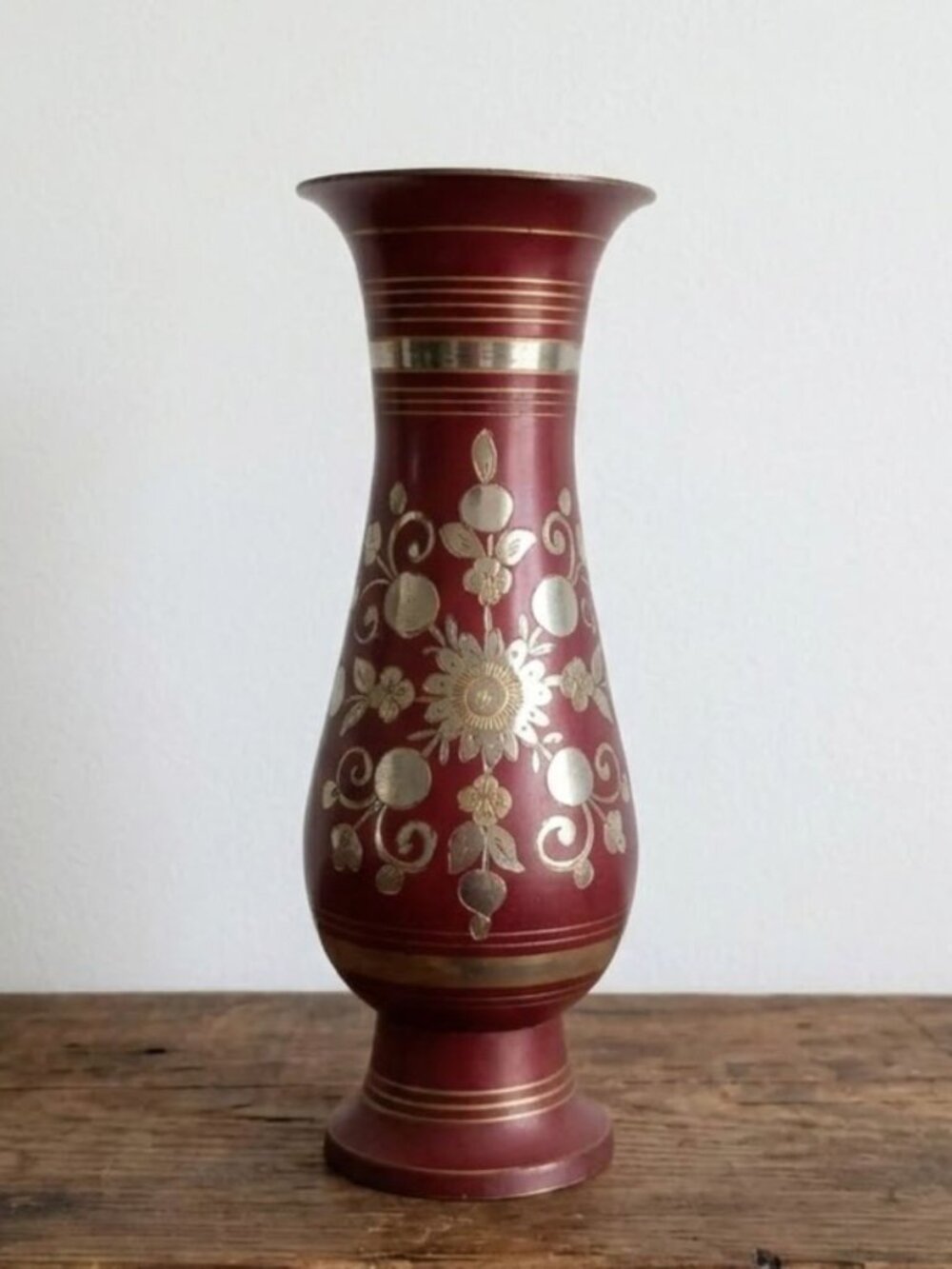 Vintage Painted Brass Vase Floral Etched Hollywood Regency Mid-Century Decor 10"